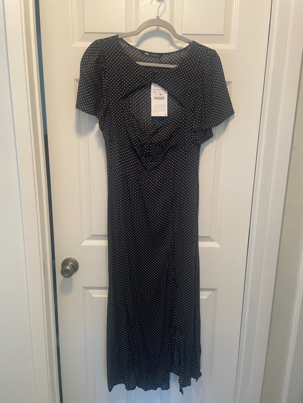 NWT Zara Black Polka Dot Midi Dress, Size Large